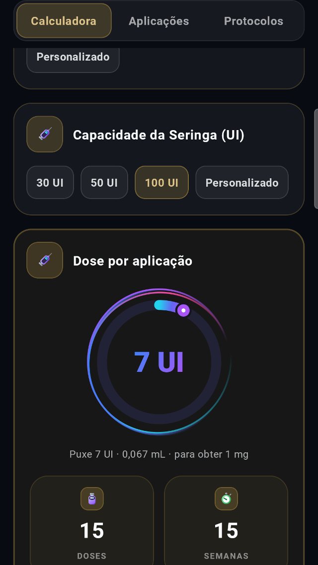 Calculadora de doses com seringa de 100 UI e o mostrador da dose por aplicação: puxe 7 UI, 0,067 mL, para obter 1 mg, com 15 doses e 15 semanas.