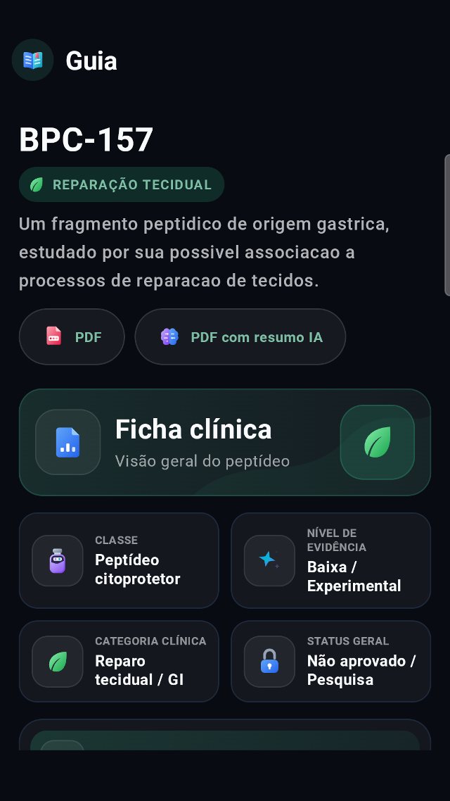 Ficha do BPC-157 no guia de peptídeos do Zoukei: classe, nível de evidência, categoria clínica e status geral, com botões para gerar PDF.
