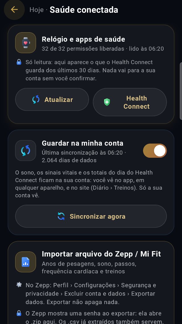 Tela Saúde conectada: relógio e apps de saúde pelo Health Connect, com permissões liberadas, opção de guardar na conta e importação de arquivo do Zepp ou Mi Fit.